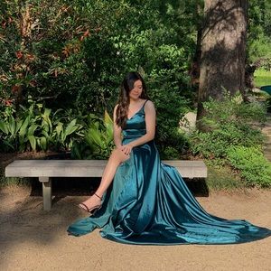 Teal Green Satin Prom Dress by A&N Luxe